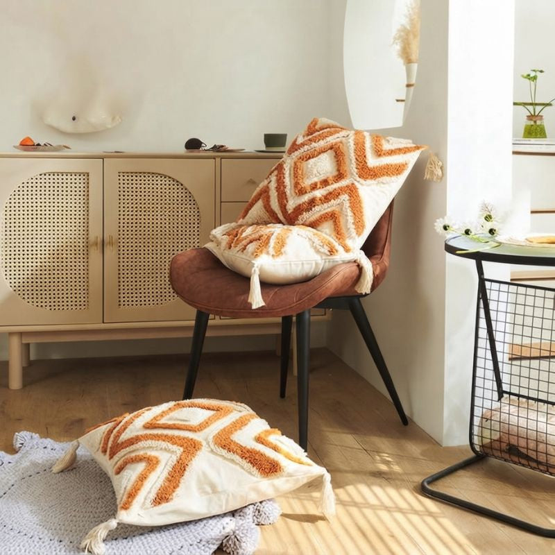 Solenne | Geometric Embroidered Cushion Cover with Tassel Details