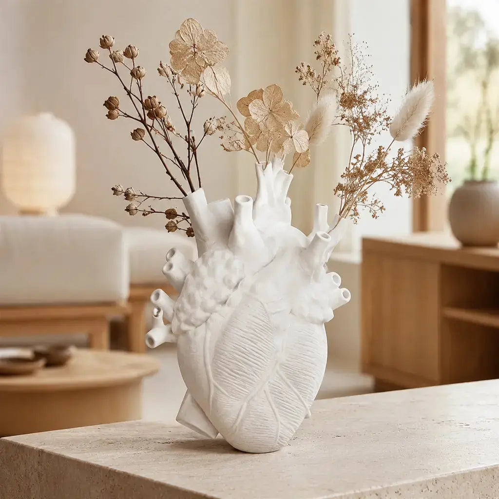 Anatomical Heart Decorative Vase for Dried Flowers – Resin Indoor Decor in White, Pink, Black, Small and Large Sizes 1