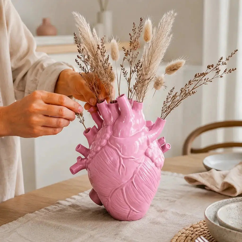Anatomical Heart Decorative Vase for Dried Flowers – Resin Indoor Decor in White, Pink, Black, Small and Large Sizes 2
