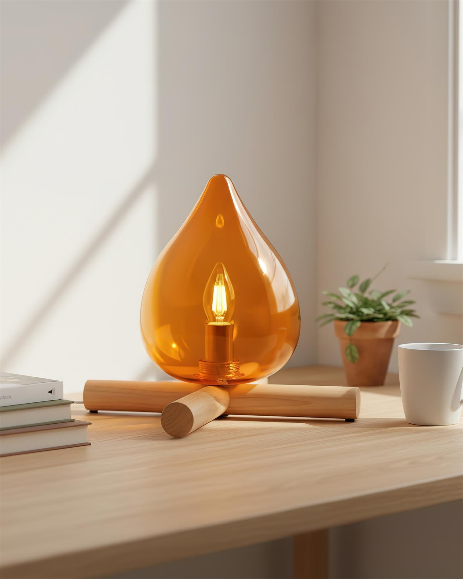 Artistic Table Lamp with Hand-Blown Glass Shade and Wooden Base, 30cm Bedside or Desk Lamp for Bedroom Decor 6