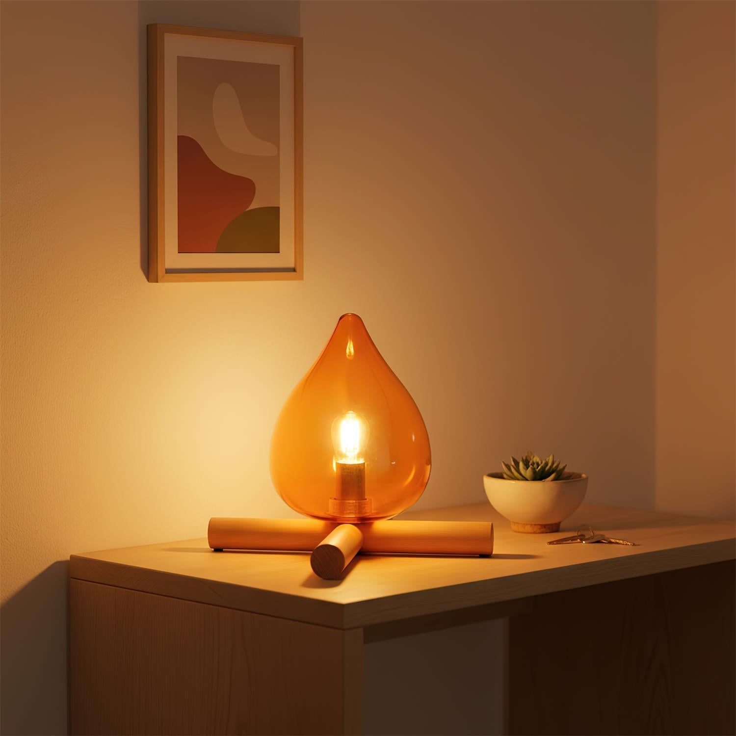 Artistic Table Lamp with Hand-Blown Glass Shade and Wooden Base, 30cm Bedside or Desk Lamp for Bedroom Decor 8