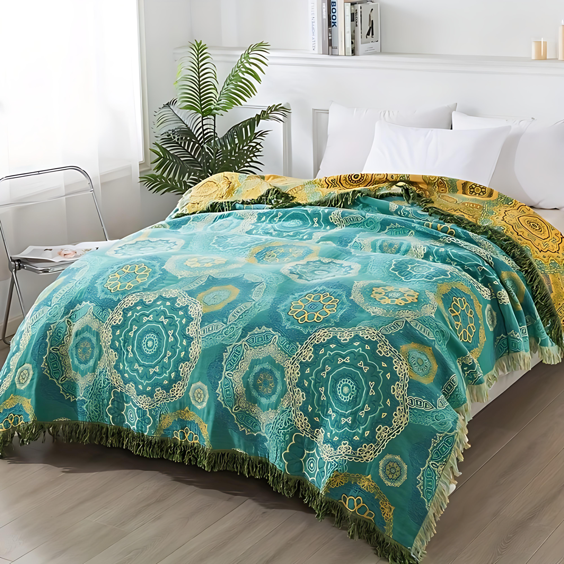 Ayla Cotton Blanket in Teal and Gold, Mandala Design, 79x90.5 for All-Year Comfort 1