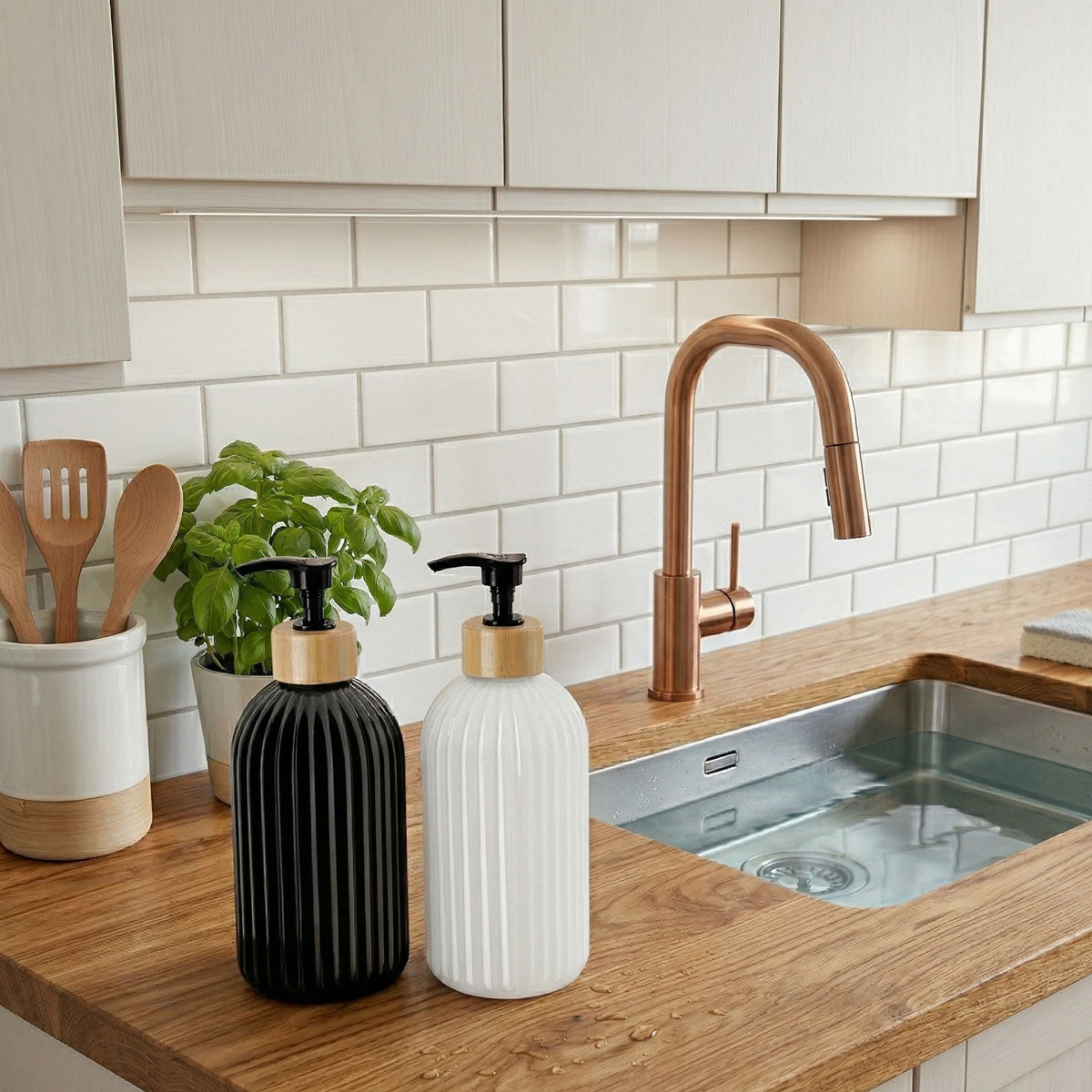 Black and White Hand Soap Dispensers | 2 Pack with Sleek Bamboo Accents | 500ml