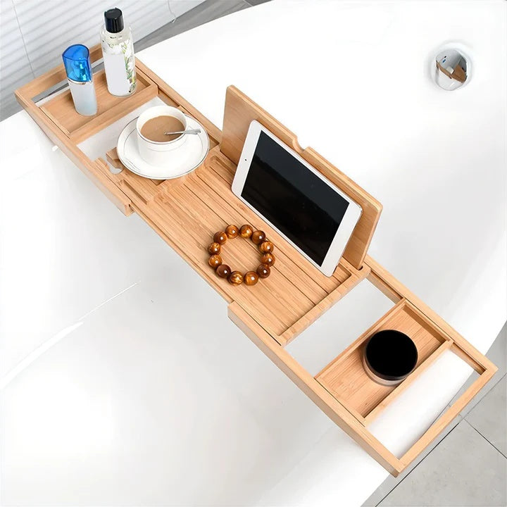 Bamboo Bliss | Expandable Bath Caddy Tray with Wine Glass Holder | Stylish Organizer for Ultimate Relaxation 3