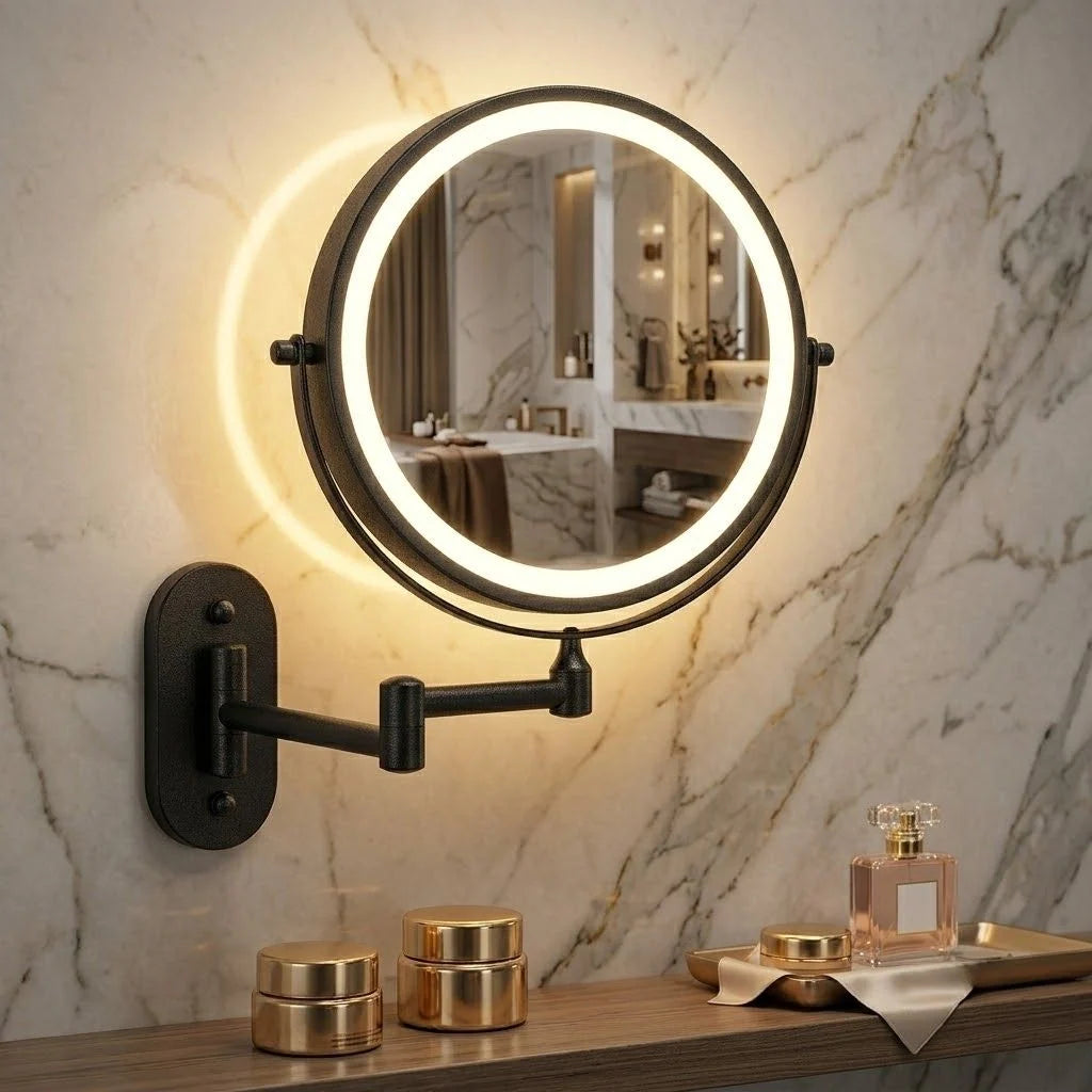 Black LED Vanity Mirror with Lights, 360° Rotation, 5x Magnification, Rechargeable Makeup Mirror for Bathroom and Dressing Table 1