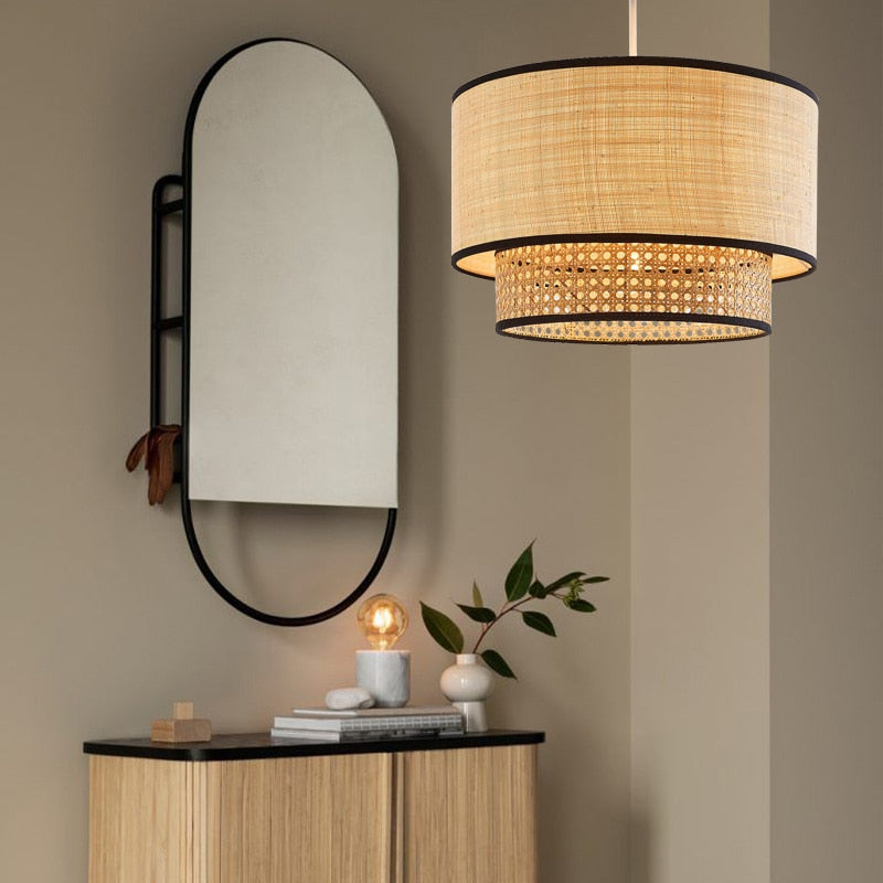 Bohemian Raffia Pendant Lamp with Black Trim | Rustic Chic Lighting for Living Room and Bedroom - Styyler