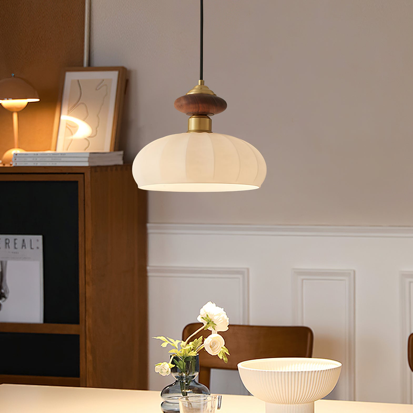 Ceres Collection | Glass Pendant Light with Wood Accent | Elegant Kitchen Pendant Lighting for Cozy Ambiance 3