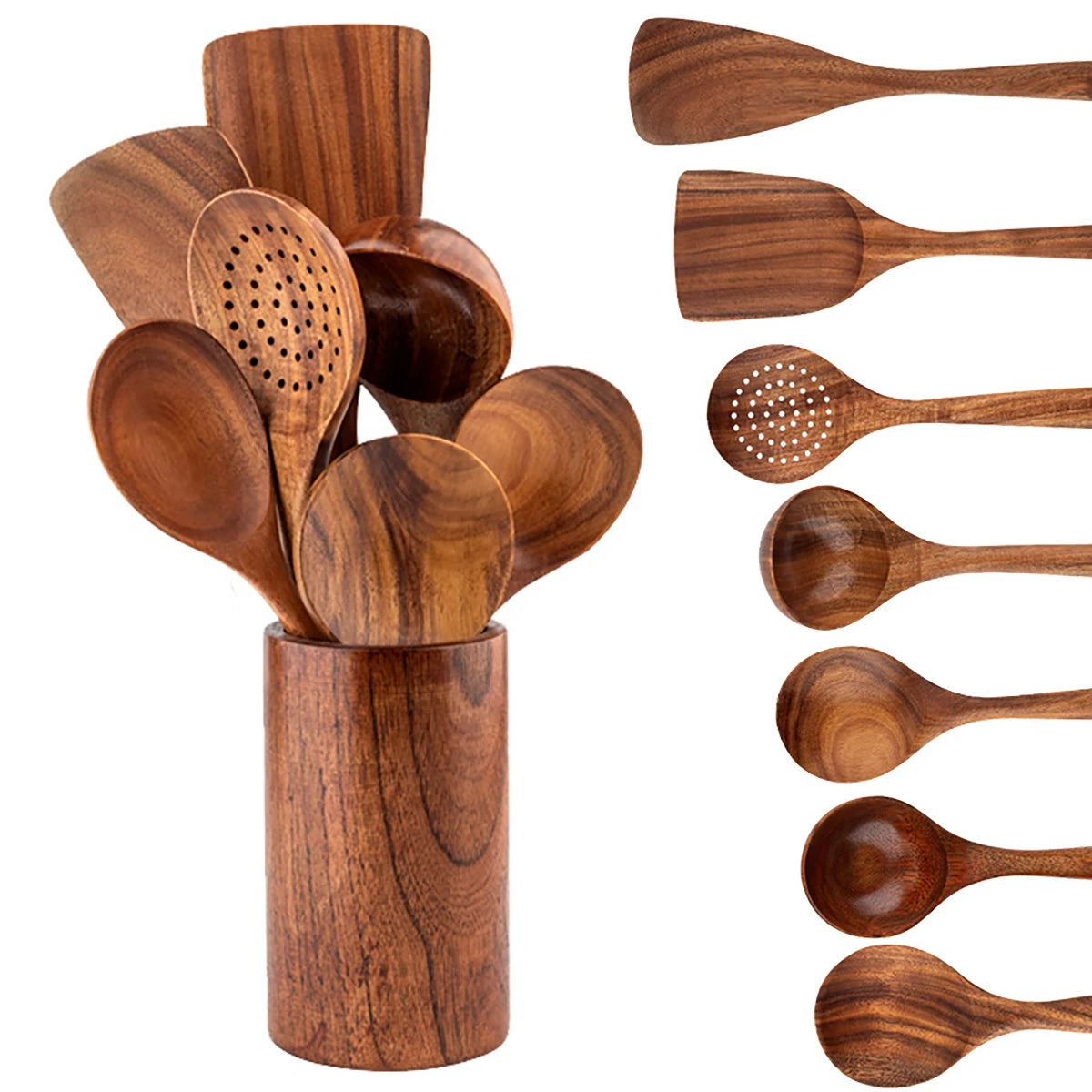Cookara | Wooden Cooking Utensils Set with Storage Bucket for Home Cooking Essentials 9