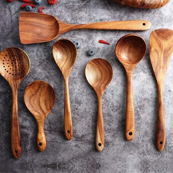 Eco-Friendly Wooden Kitchen Utensil Set with Natural Teak Finish | Safe Cooking Utensils for Non-Stick Cookware 0
