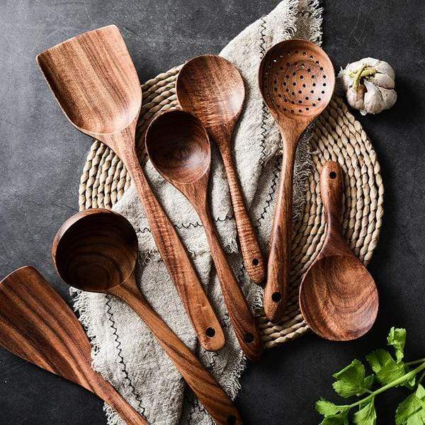 Eco-Friendly Wooden Kitchen Utensil Set with Natural Teak Finish | Safe Cooking Utensils for Non-Stick Cookware 2