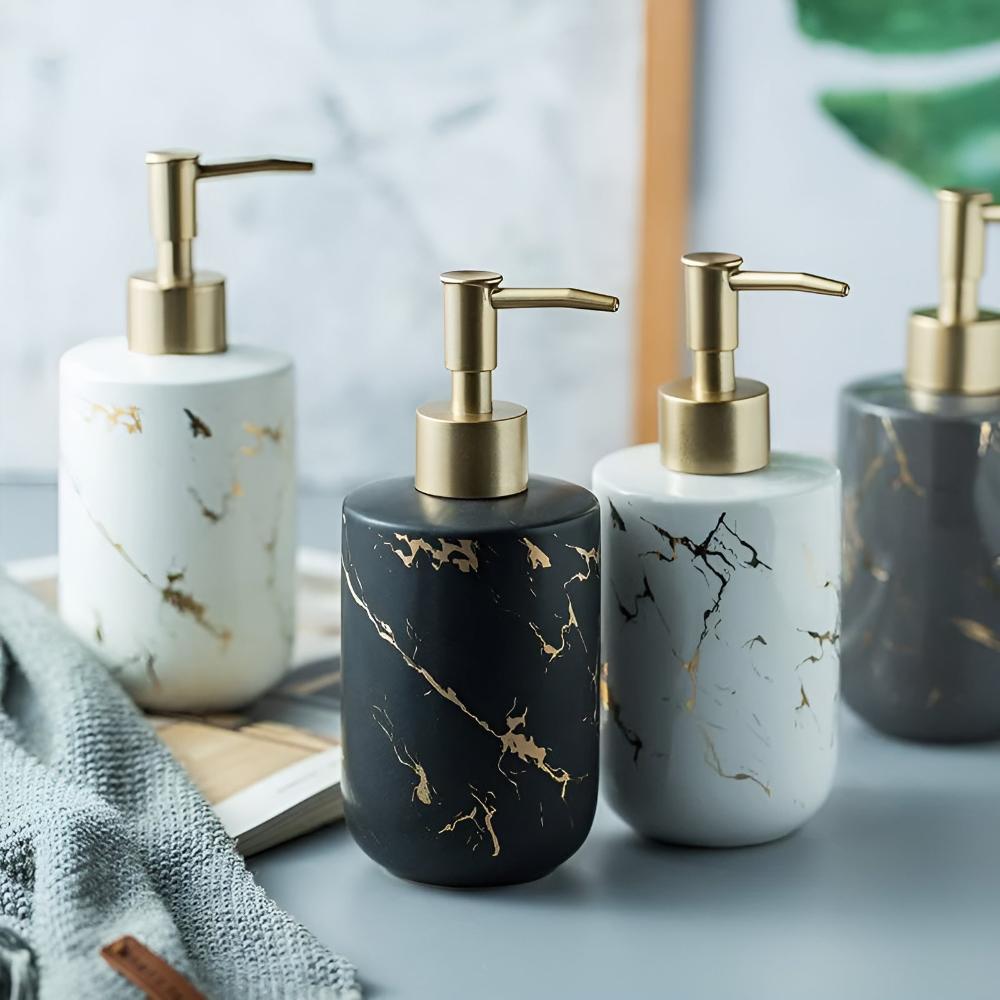 Elegant Luxe | Hand Soap Dispenser with Ceramic Design & Gold Accents | Stylish Organization for Bathroom or Kitchen 1