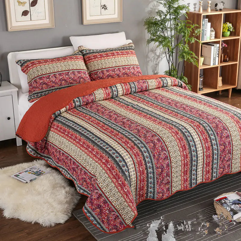 Foundry Bedspread Set | Red Cotton Linen Style Quilted Three-Piece Bedspread
