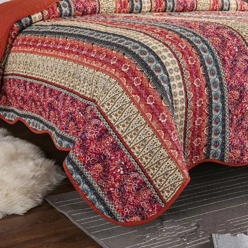 Foundry Bedspread Set | Red Cotton Linen Style Quilted Three-Piece Bedspread