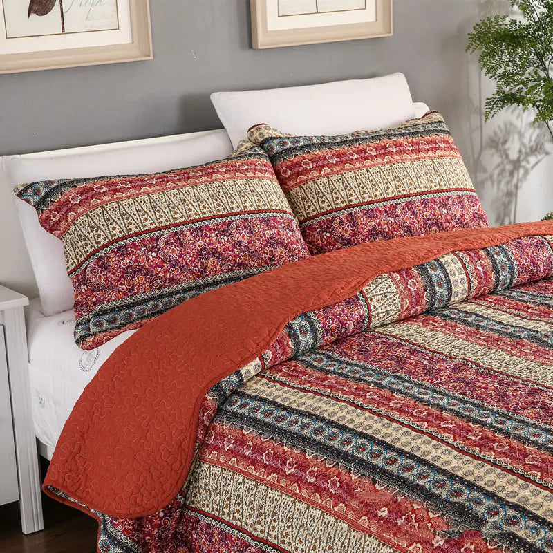Foundry Bedspread Set | Red Cotton Linen Style Quilted Three-Piece Bedspread