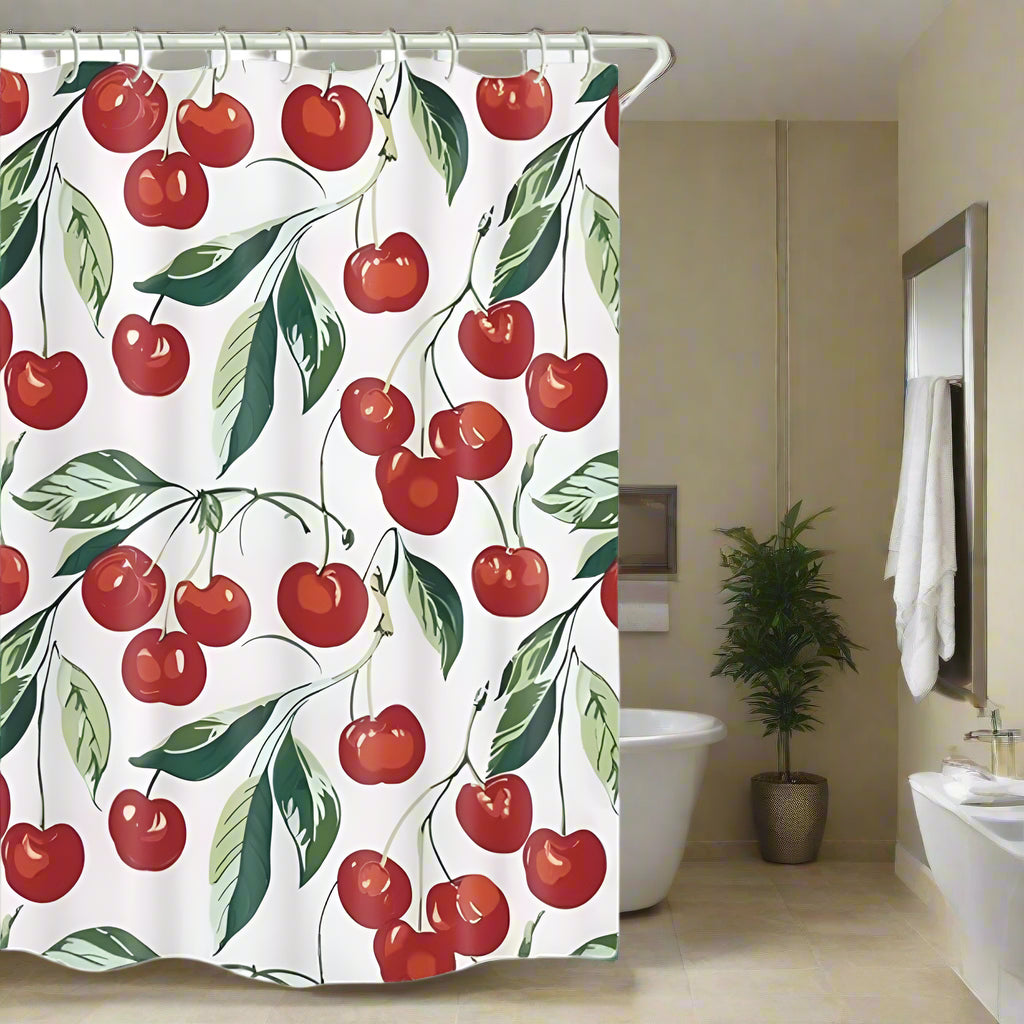 Fruity Charm | Cherry Print Shower Curtain with Waterproof Design | Lightweight & Machine Washable for Easy Care 1