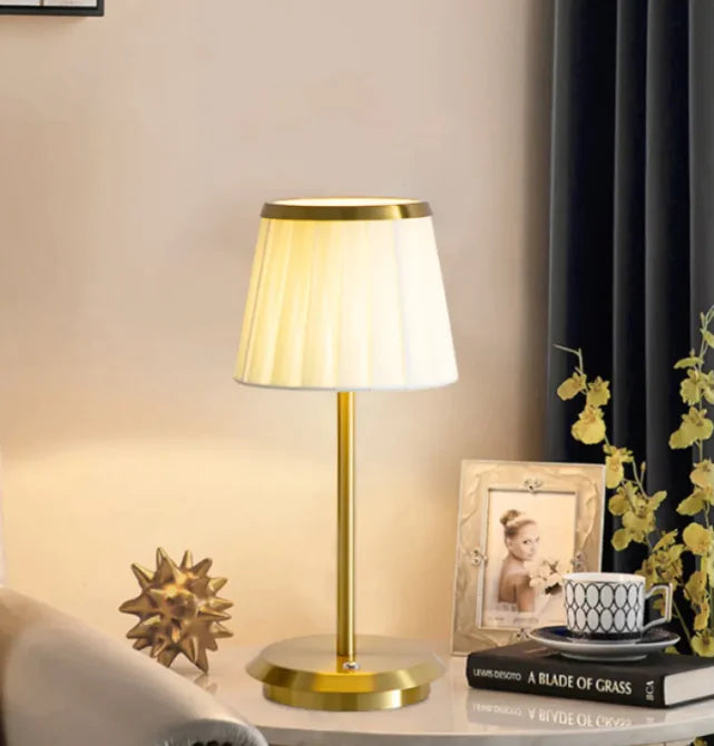 LOIR Elegant Rechargeable Table Lamp | Pleated Fabric Shade with Gold Metal Base