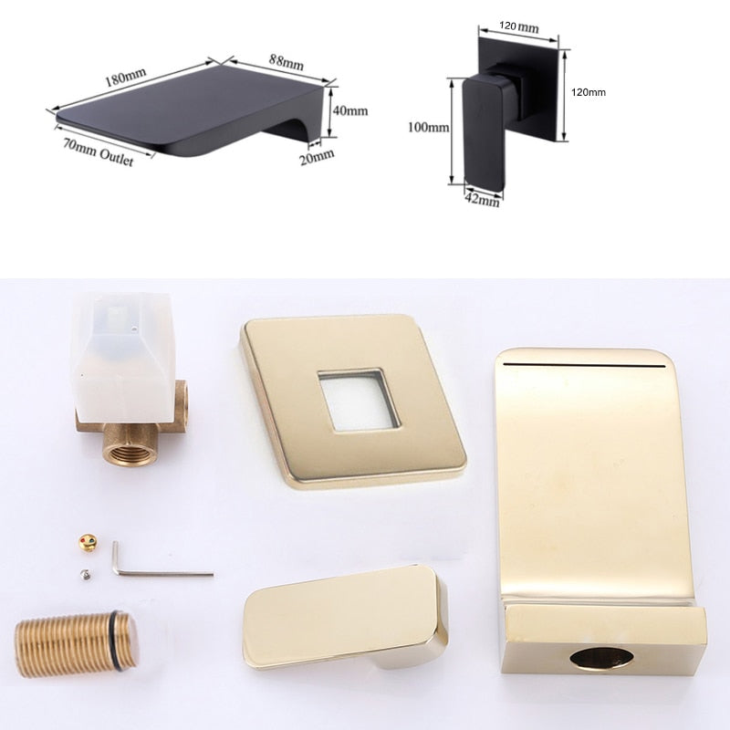 Kelsye Wall Mounted Bathroom Taps in Chrome, Black, and Gold Finishes with Waterfall Design 6