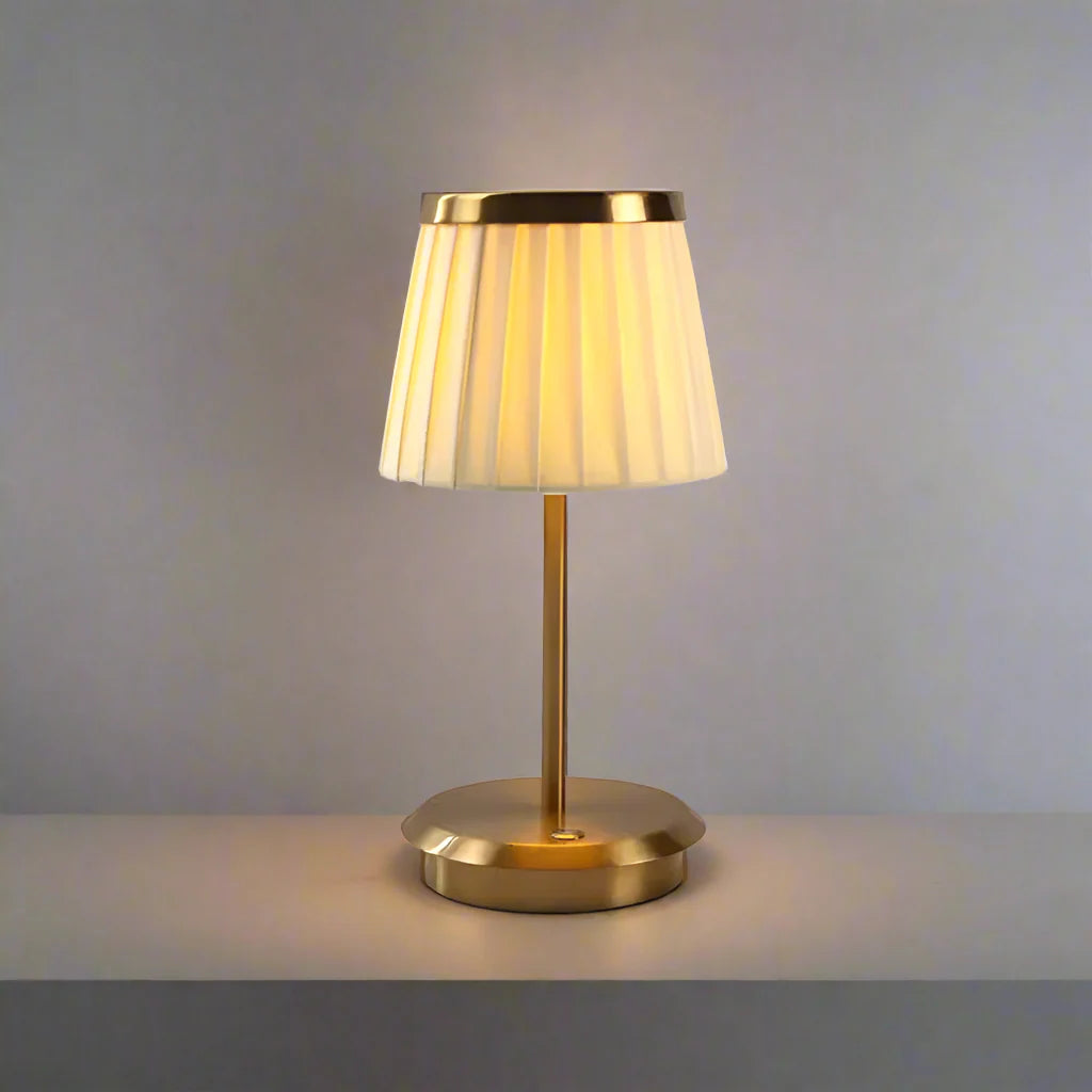 LOIR Elegant Rechargeable Table Lamp | Pleated Fabric Shade with Gold Metal Base