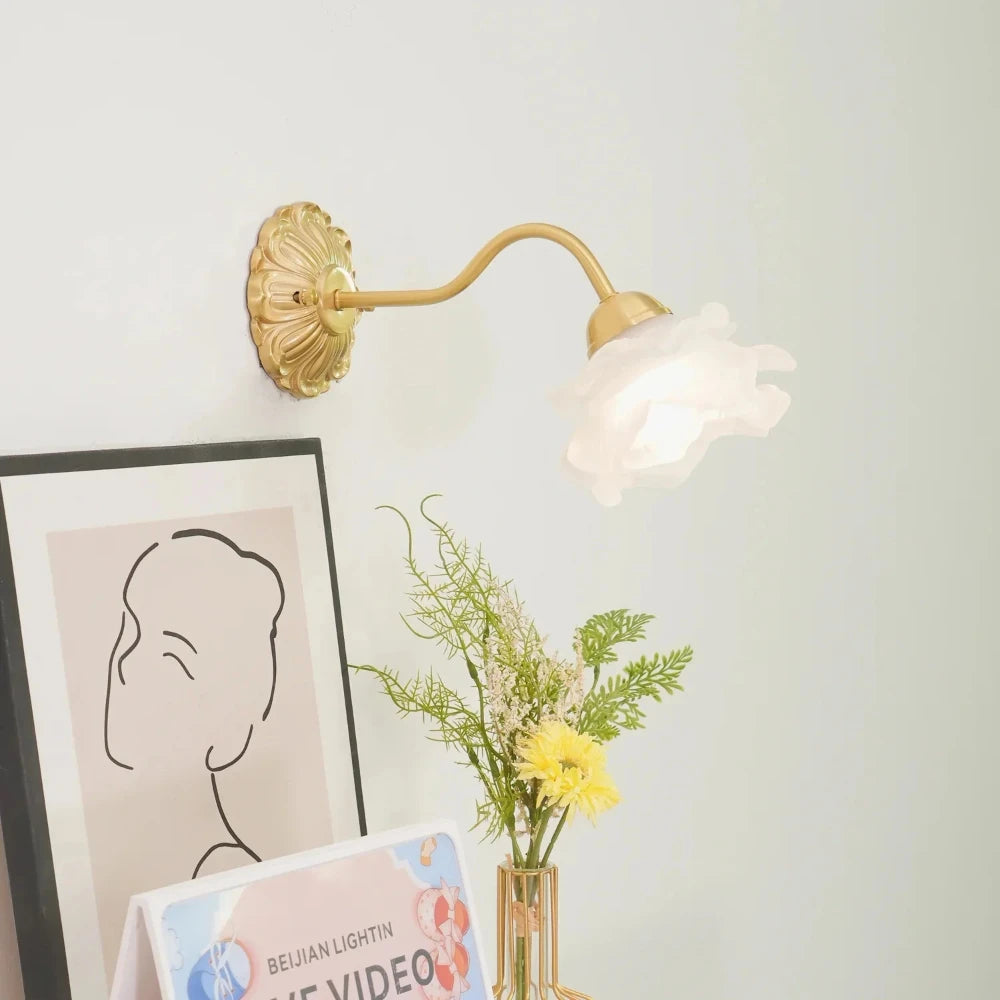 La Fleur de Lueur Wall Lamp - Hand-Sculpted Floral Shade, Antique Brass Base, Vintage Wall Sconce for Living Room and Bedroom Lighting 3