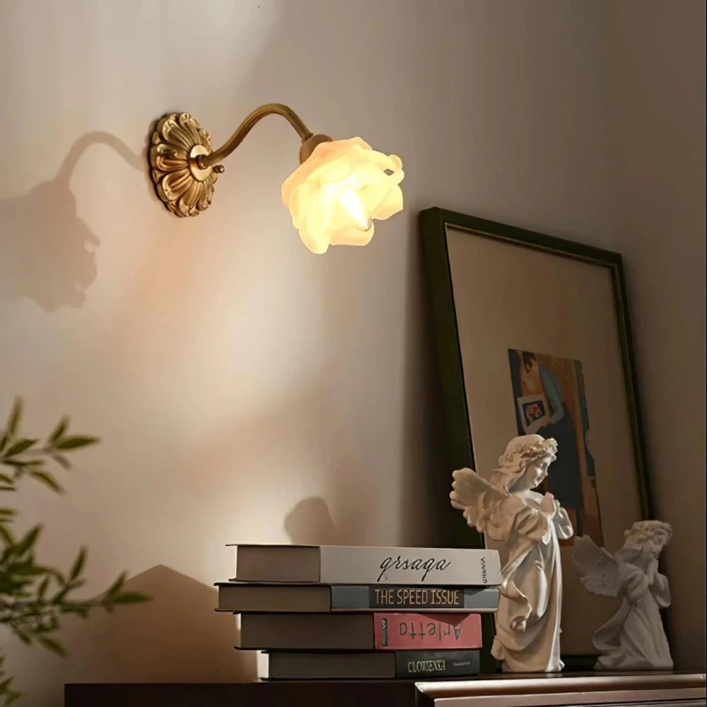 La Fleur de Lueur Wall Lamp - Hand-Sculpted Floral Shade, Antique Brass Base, Vintage Wall Sconce for Living Room and Bedroom Lighting 6