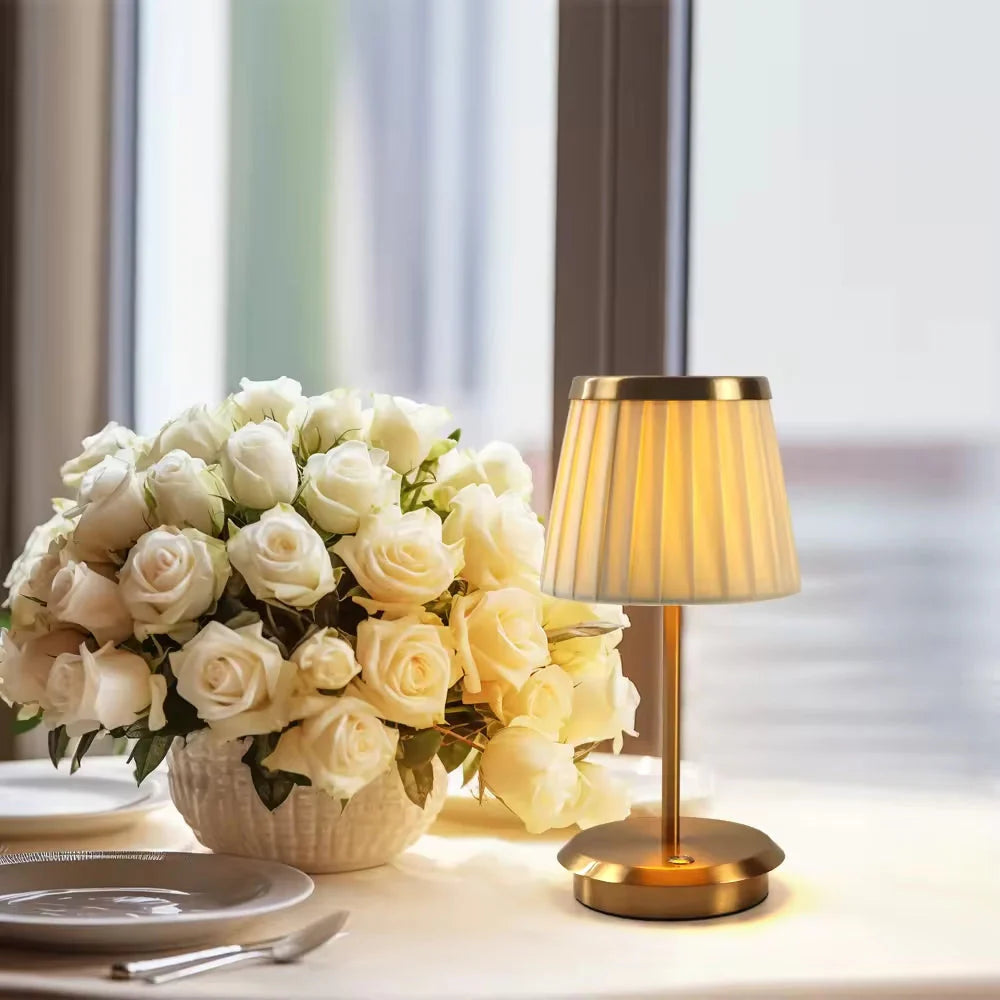 LOIR Elegant Rechargeable Table Lamp | Pleated Fabric Shade with Gold Metal Base