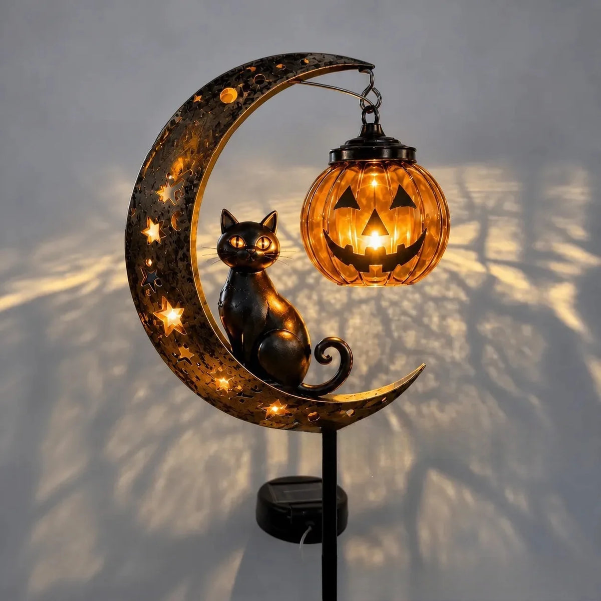 Luna Garden Stake Light with Black Cat and Pumpkin Design 1