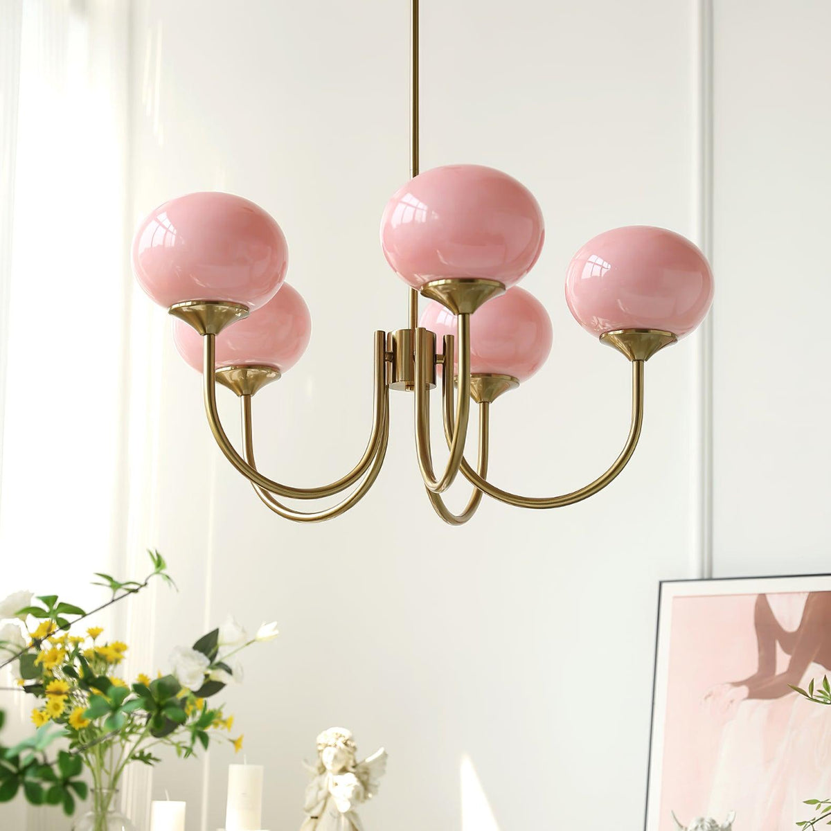 Marshmallow Chandelier Light in Gold Finish with Pale Pink Glass Shades for Modern Dining Room 1