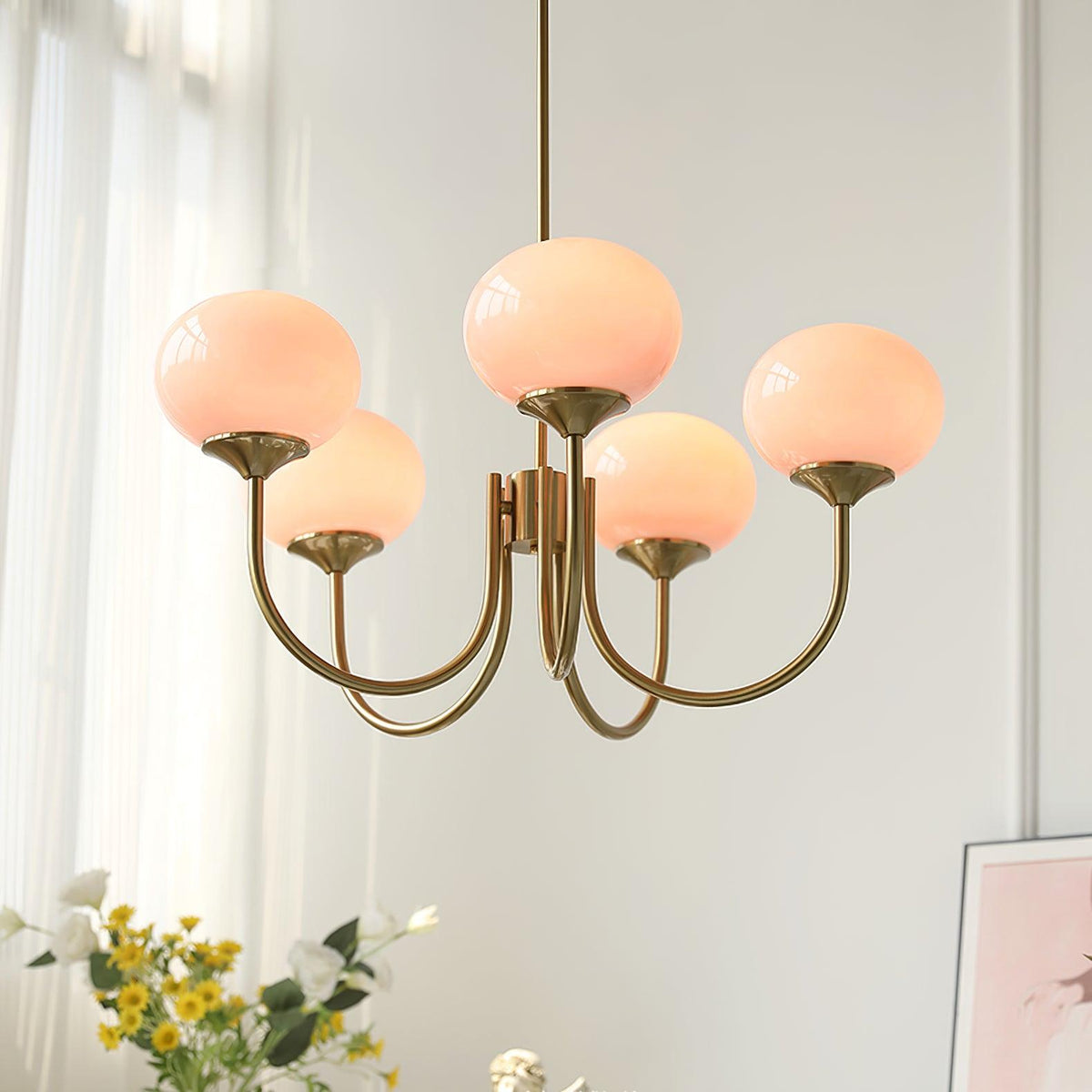 Marshmallow Chandelier Light in Gold Finish with Pale Pink Glass Shades for Modern Dining Room 2