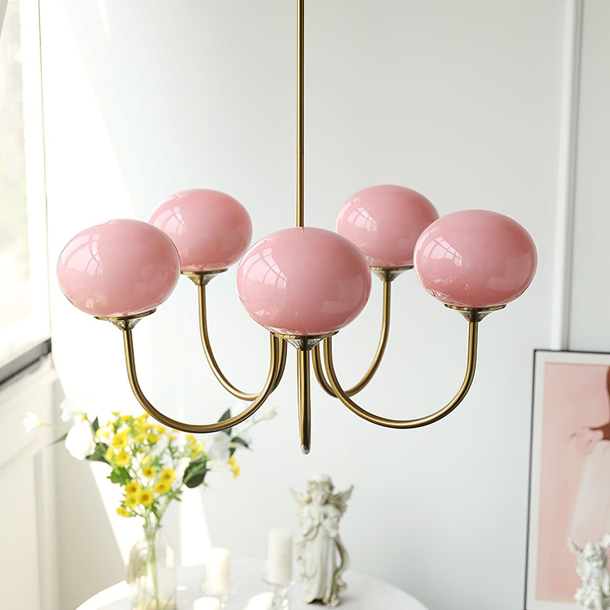 Marshmallow Chandelier Light in Gold Finish with Pale Pink Glass Shades for Modern Dining Room 5