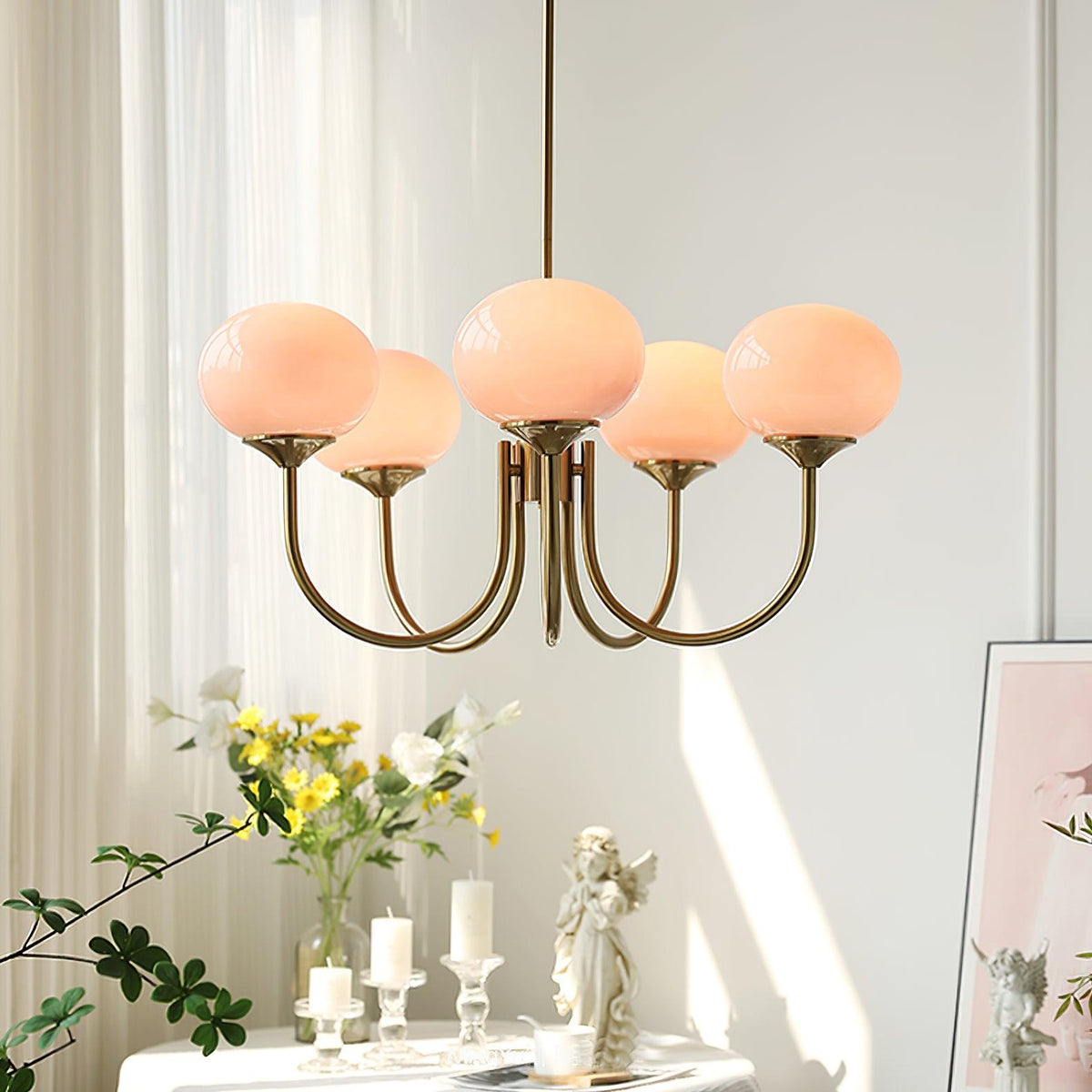 Marshmallow Chandelier Light in Gold Finish with Pale Pink Glass Shades for Modern Dining Room 6