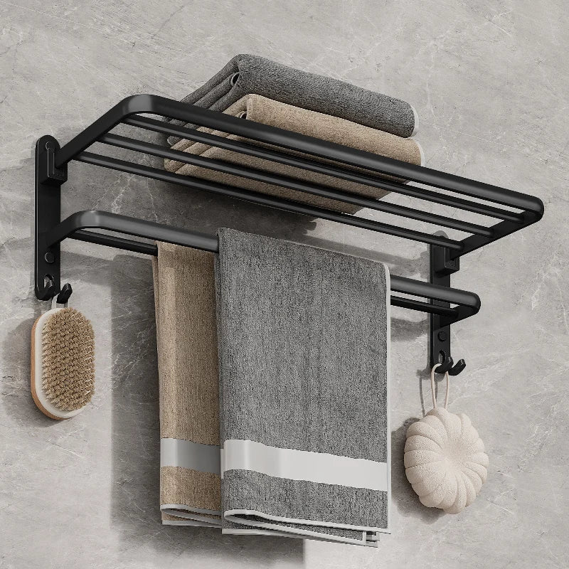 Matte Black Folding Wall-Mounted Towel Rack with Dual Bars and Hook – Space-Saving Bathroom Towel Rail 1