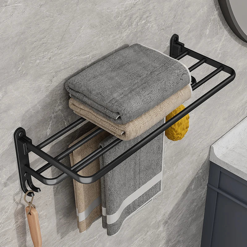 Matte Black Folding Wall-Mounted Towel Rack with Dual Bars and Hook – Space-Saving Bathroom Towel Rail 2