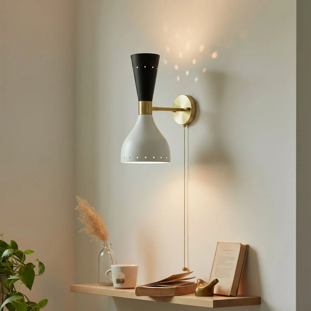 Mid-Century Modern Wall Lamp with Brass Joints and Micro-Perforated Shade – Elegant Hourglass Sconce Light for Contemporary Interiors 2