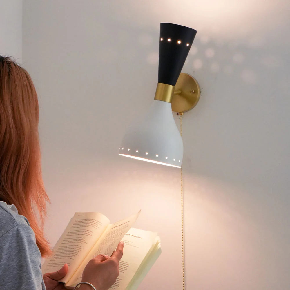 Mid-Century Modern Wall Lamp with Brass Joints and Micro-Perforated Shade – Elegant Hourglass Sconce Light for Contemporary Interiors 7