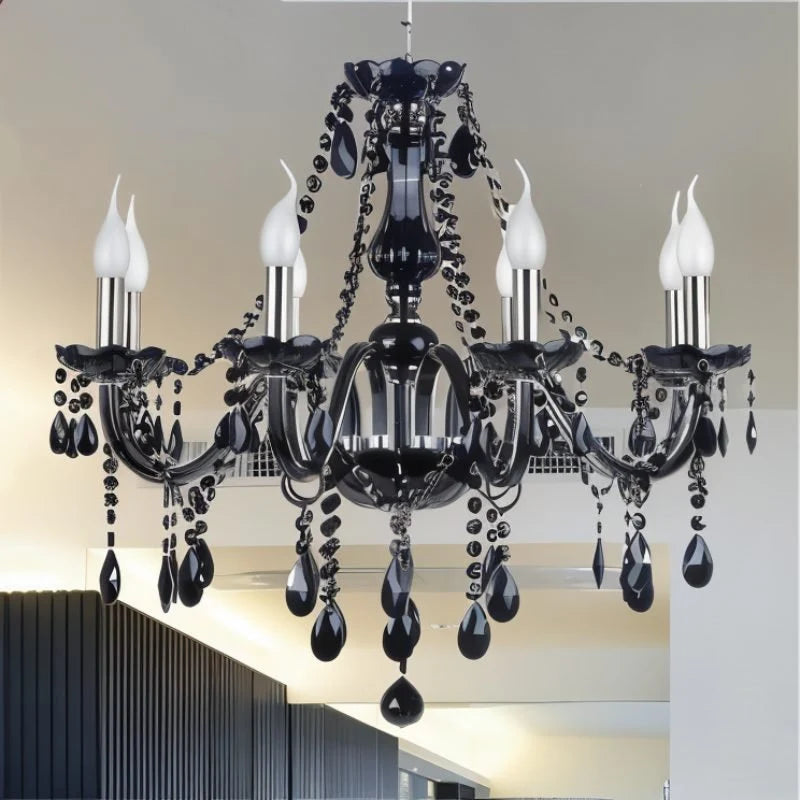 Modern Black Crystal Chandelier Light with Multiple Arms and Cascading Drops for Elegant Home Décor 6