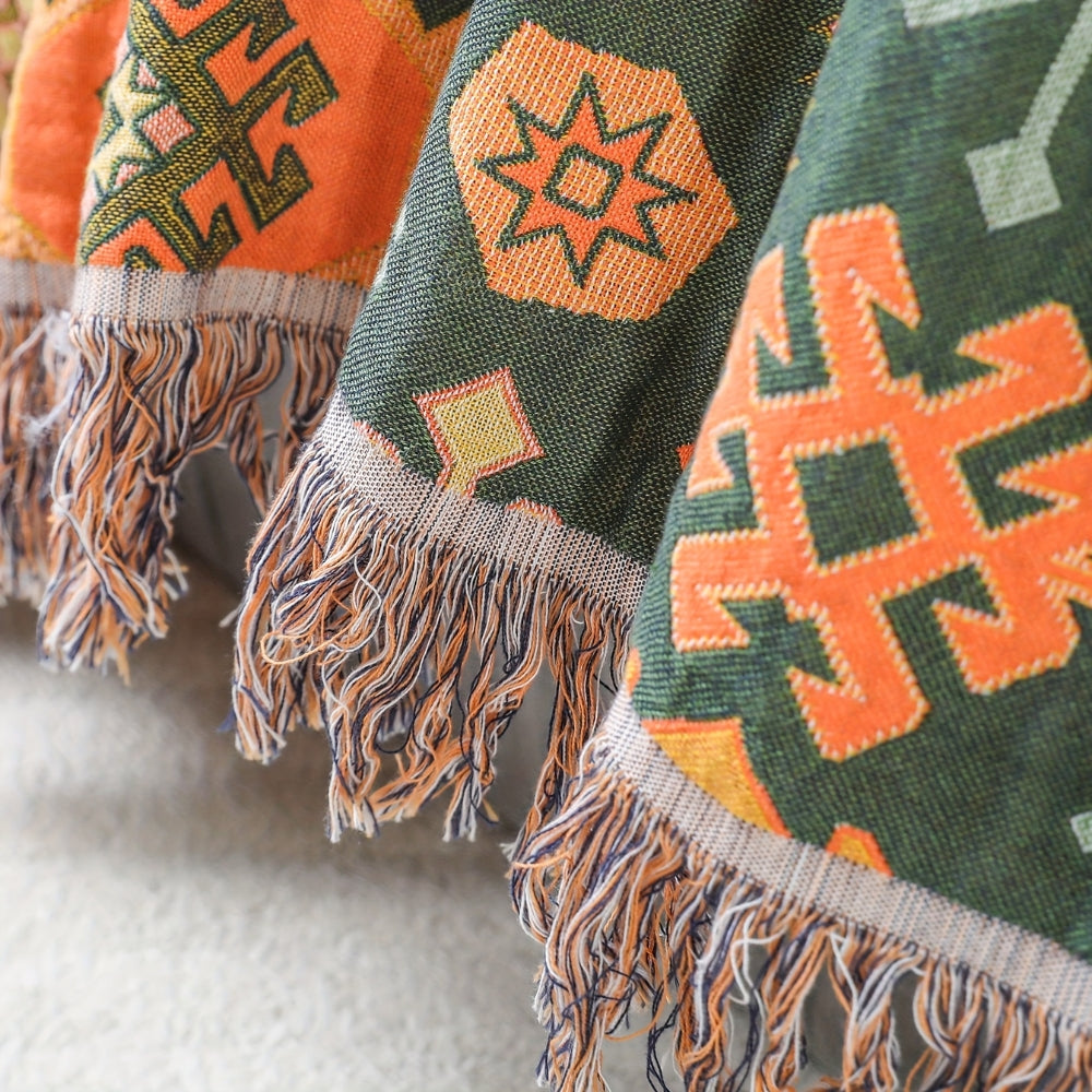 Nara Geometric Fringe Blanket in Soft Cotton with Reversible Earthy Tones and Artisan Style 3
