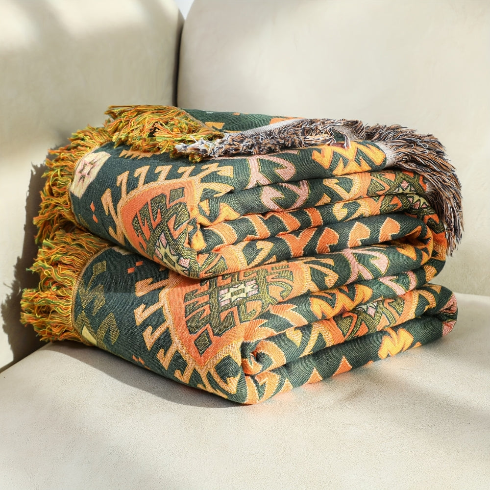 Nara Geometric Fringe Blanket in Soft Cotton with Reversible Earthy Tones and Artisan Style 4