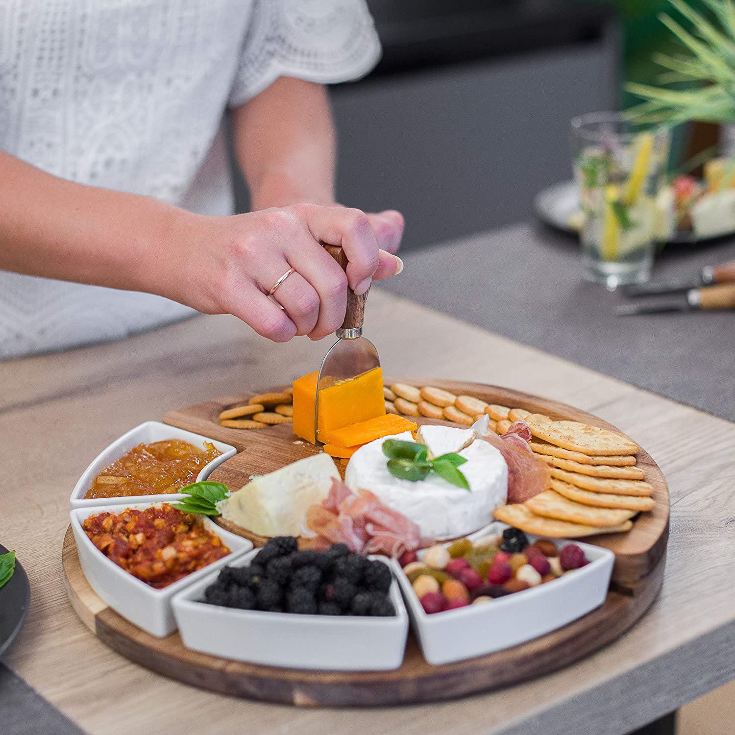 VILLERO – Acacia Wood Cheese Board Set with Bowls and Knives | 33cm Round Charcuterie Tray - Styyler
