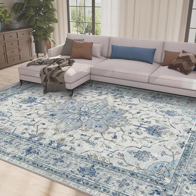 Elara Persian Style Rug | Vintage Blue Grey Low-Pile Area Rug | Machine Washable - Styyler