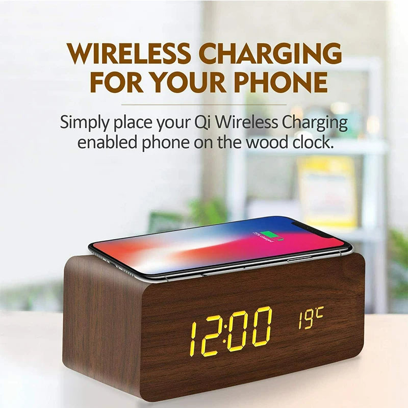Stylish Wooden Digital Alarm Clock with Wireless Charging & Temperature Display | Multifunctional Desk Clock for Home & Office 1