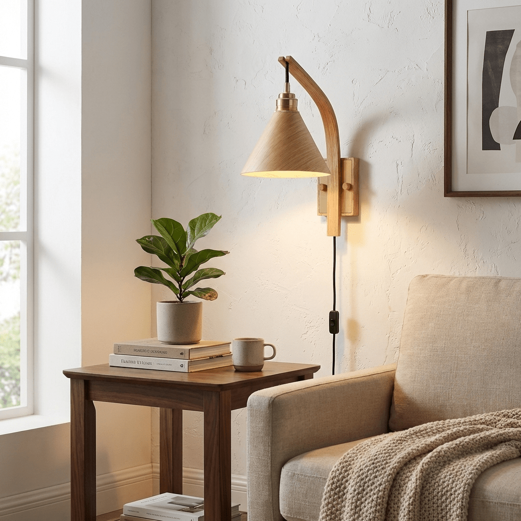 TimberGlow | Elegant Modern Plug-in Wall Sconce Lighting with Brass Accent 2