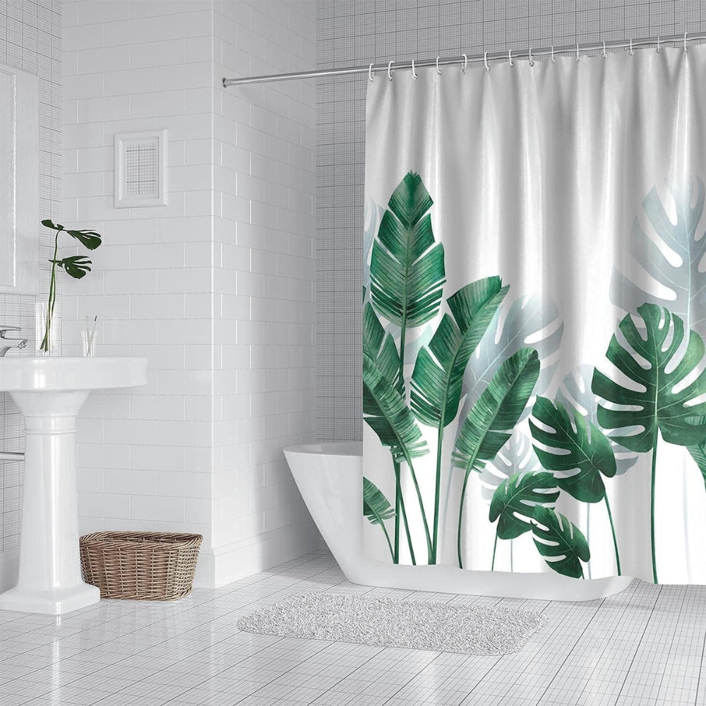 Tropical Oasis | Monstera Leaves Shower Curtain with Waterproof Design | Includes Curtain Hooks for Easy Installation 1