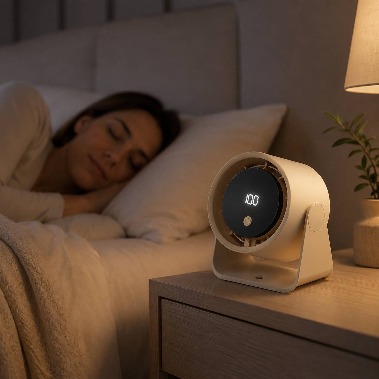 Woman sleeping in bed with a portable desk fan on a nightstand.