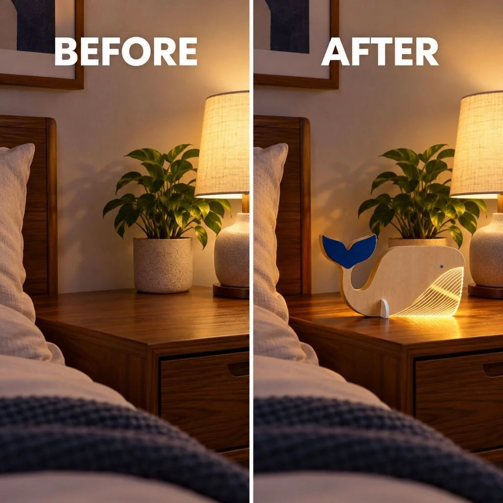 Wooden Animal Table Lamp with Illuminated Acrylic Details – Decorative Bedside Lamp in Toucan, Wolf, Whale, Pelican Designs 4