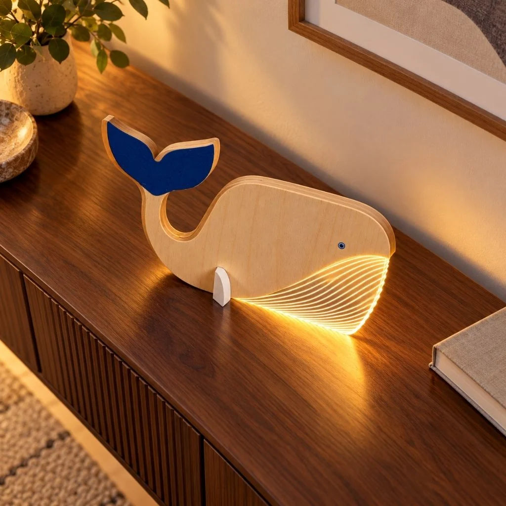 Wooden Animal Table Lamp with Illuminated Acrylic Details – Decorative Bedside Lamp in Toucan, Wolf, Whale, Pelican Designs 6