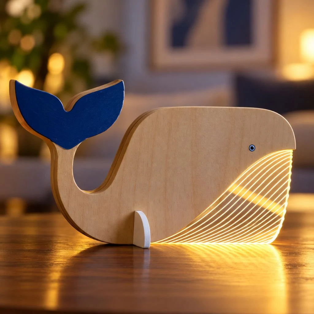 Wooden Animal Table Lamp with Illuminated Acrylic Details – Decorative Bedside Lamp in Toucan, Wolf, Whale, Pelican Designs 8