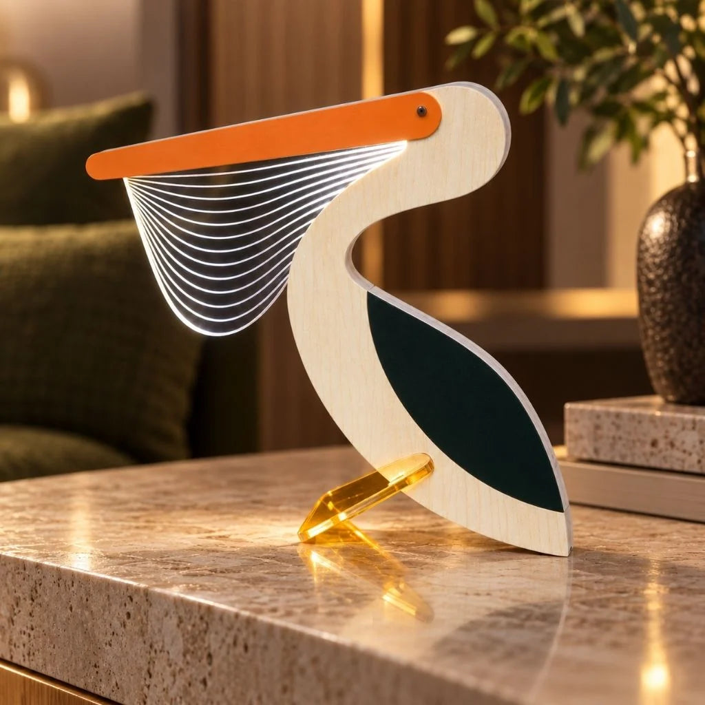 Wooden Animal Table Lamp with Illuminated Acrylic Details – Decorative Bedside Lamp in Toucan, Wolf, Whale, Pelican Designs 9