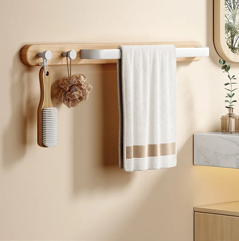 Wooden Wall-Mounted Towel Rail with Integrated Hooks – Modern Bathroom Storage Solution in Warm Wood Finish 0