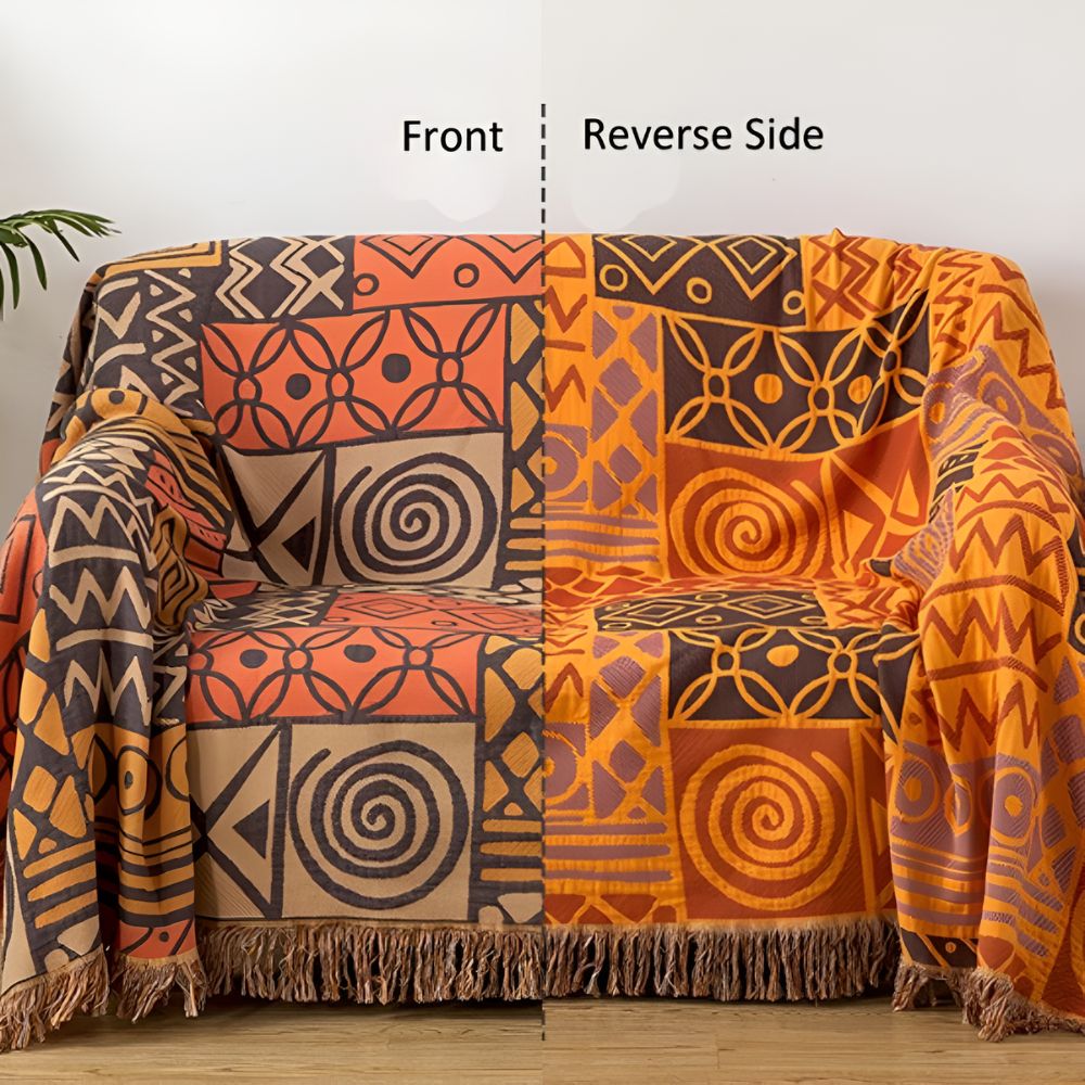 Zara Reversible Cotton Blanket with Tribal Patchwork and Tassel Fringe 0