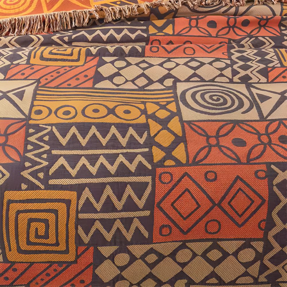 Zara Reversible Cotton Blanket with Tribal Patchwork and Tassel Fringe 7
